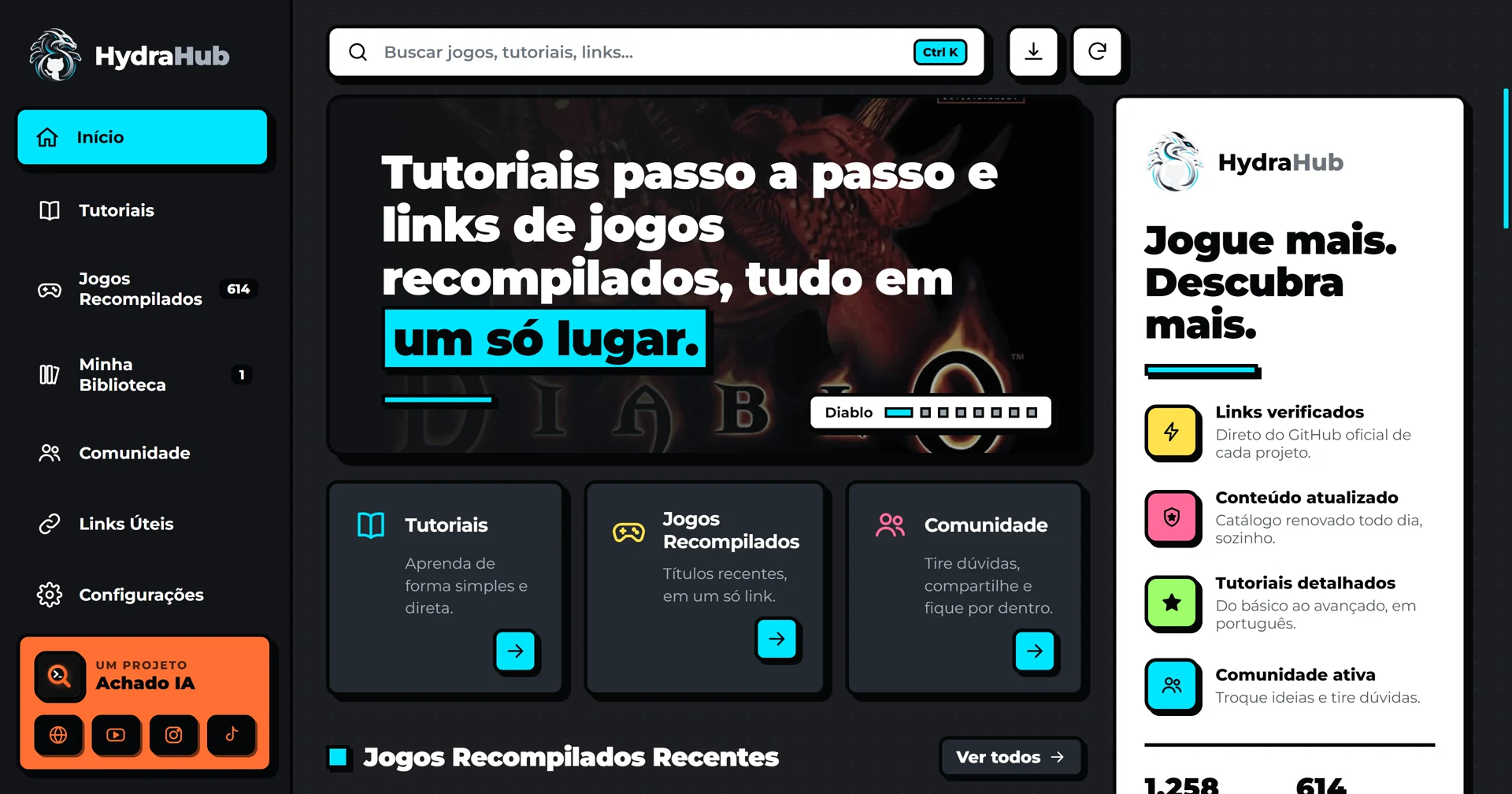 HydraHub: Tutoriais, jogos e comunidade num lugar só