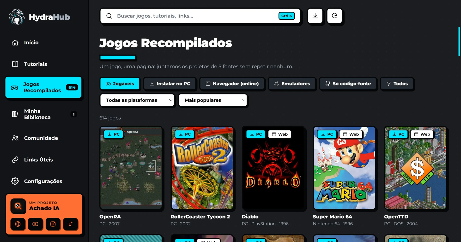 HydraHub: Um jogo por página, juntando 5 fontes sem repetir